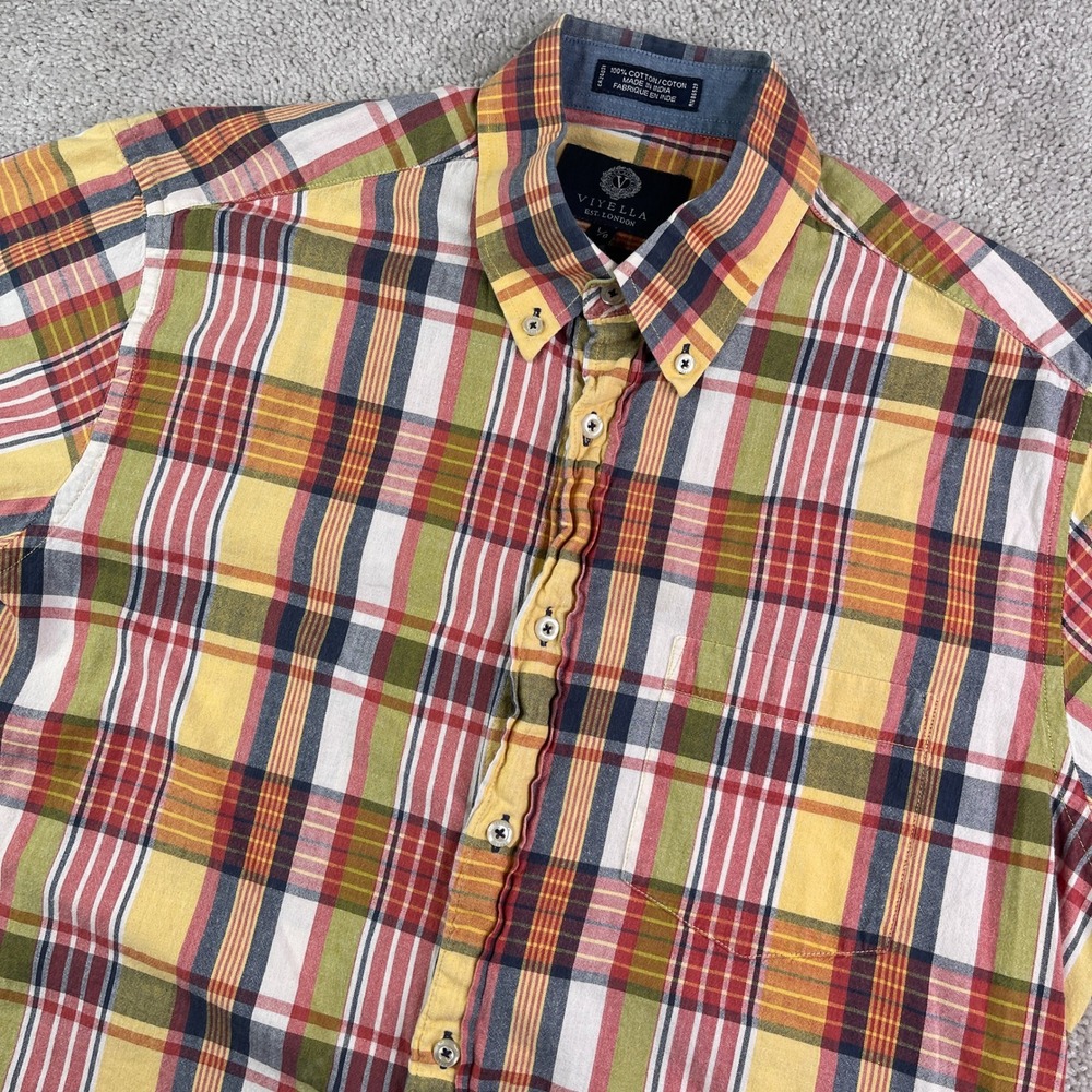 Viyella Shirt Mens Large Yellow Red Plaid Short Sleeve Button Down Cotton Preppy